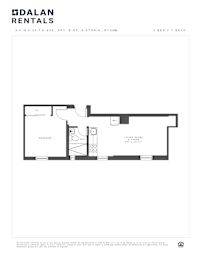 A Dalan Rentals floor plan for a 1 bedroom, 1 bath apartment.