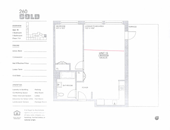 A floor plan for a 260 square foot unit with a living area, bedroom, bathroom, and lobby.