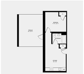 A black and white floor plan of a house with a bedroom, bathroom, and kitchen.