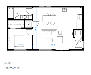 A floor plan of a 1 bedroom unit at 635 SF.