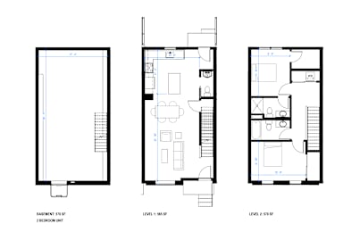 Three floor plans for a two-story building.