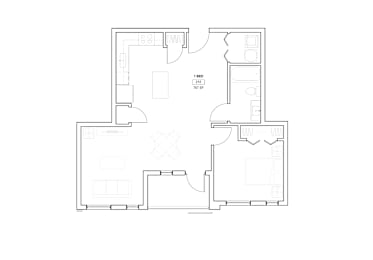 A floor plan of a house with a living room, two bedrooms, a bathroom, and a kitchen.