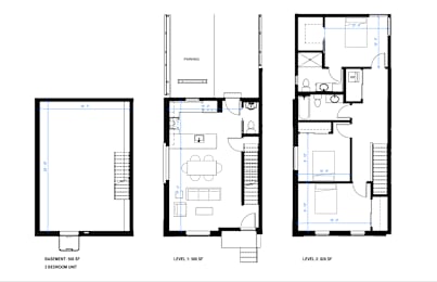 A set of three architectural floor plans showing a basement, first and second level.
