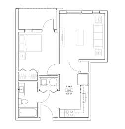 A floor plan of a one bedroom apartment with 505 square feet.
