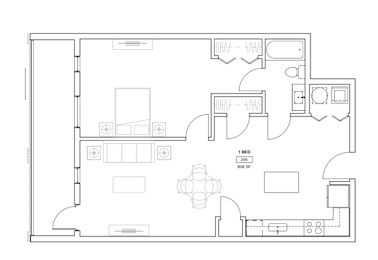 A floor plan of a house with one bedroom and 800 square feet.