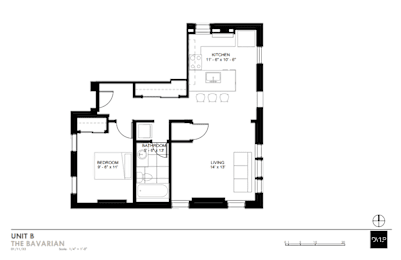 A black and white image of a floor plan for Unit B of The Bavarian, showing a kitchen, bathroom, bedroom, and living room.