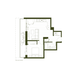 A floor plan of a house with a living room, kitchen, and two bedrooms.