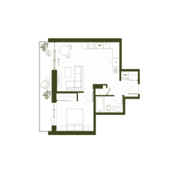 A floor plan of a house with a kitchen, living room, and two bedrooms.