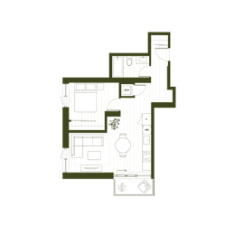 A floor plan of a house with a kitchen, living room, and bathroom.