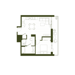 A floor plan of a house with a kitchen, living room, and two bedrooms.