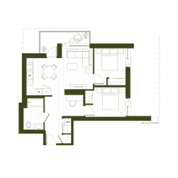 A floor plan of a house with a kitchen, living room, and two bedrooms.