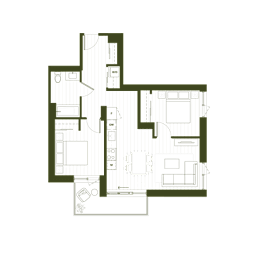 A floor plan of a house with a kitchen, living room, and two bedrooms.