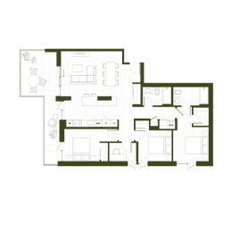 A floor plan of a building with multiple rooms and corridors.