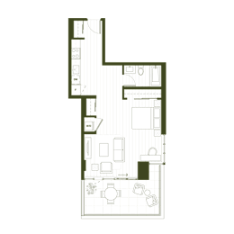 A floor plan of a house with a kitchen, living room, and bathroom.