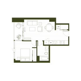 A floor plan of a house with a kitchen, living room, and two bedrooms.
