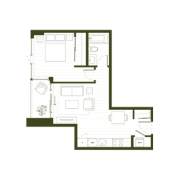 A floor plan of a house with a kitchen, living room, and two bedrooms.