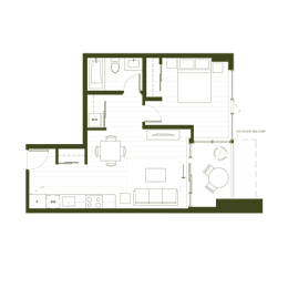 A floor plan of a house with a kitchen, living room, and bathroom.