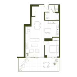 A floor plan of a house with a kitchen, living room, and bathroom.