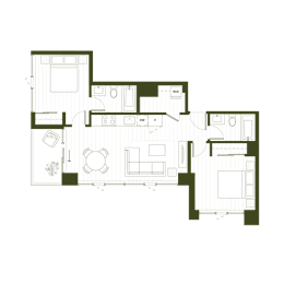 A floor plan of a house with a kitchen, living room, and two bedrooms.