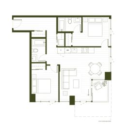 A floor plan of a house with a kitchen, living room, and two bedrooms.