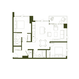 A floor plan of a house with a kitchen, living room, and two bedrooms.