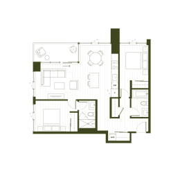 A floor plan of a house with a kitchen, living room, and two bedrooms.