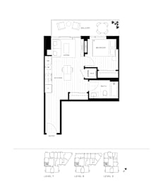 A black and white architectural floor plan of a building with multiple rooms and levels.