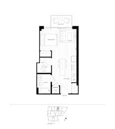 A black and white image of a floor plan for a one bedroom apartment.