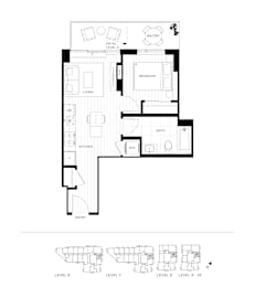 A black and white floor plan of a house with a bedroom, living room, kitchen, and bathroom.