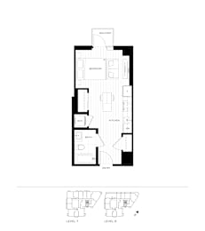 A black and white image of a floor plan for a building with a balcony, an interior layout, and two smaller floor plans labeled Level 7 and Level 8.