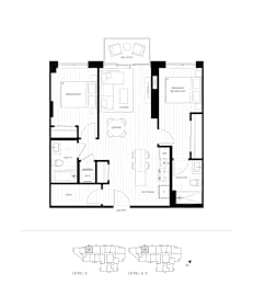 A black and white floor plan of a two-level apartment.