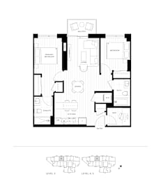 A black and white floor plan of a two-level home with labeled rooms.