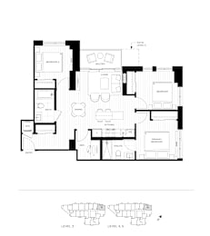 A black and white floor plan of a house with a living room, dining room, kitchen, and bathrooms.