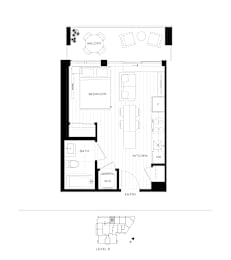 A floor plan of a small apartment with a bedroom, bathroom, kitchen, and living room.