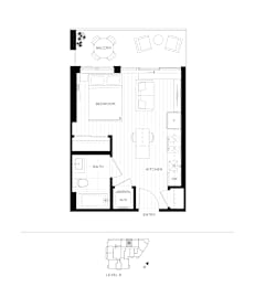 A black and white floor plan of a small apartment with a bedroom, bathroom, kitchen, and entryway.