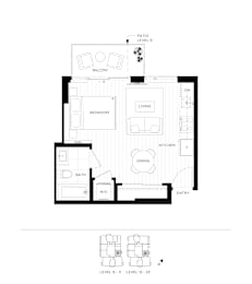 A black and white floor plan of a house with a balcony, red room, living room, kitchen, dining room, bathroom, and entry.