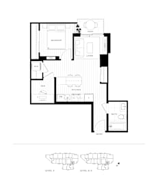 A black and white floor plan of a house with two levels.