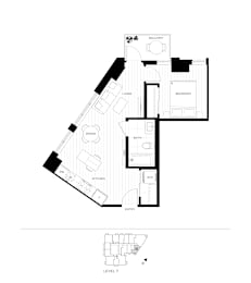 A black and white floor plan of a house with a balcony, dining room, kitchen, bathroom, and living room.