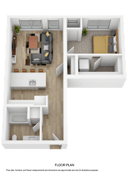 A floor plan of a house with a living room, kitchen, and two bedrooms.