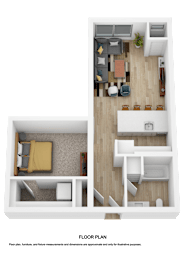 A floor plan of a small apartment with a living room, kitchen, and bedroom.