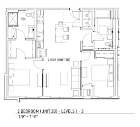 A floor plan of a 2 bedroom apartment with a living room, dining room, kitchen, and bathroom.