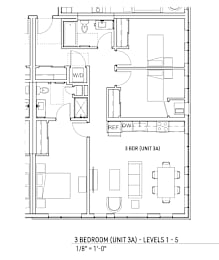 A floor plan of a 3 bedroom apartment with dimensions.