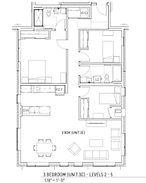A floor plan of a 3 bedroom apartment.