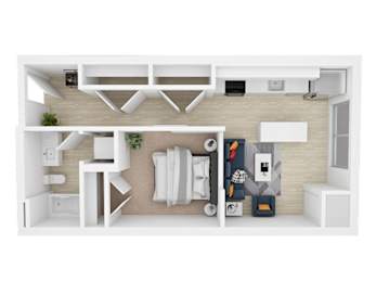 A top-down view of a modern, minimalist apartment with a kitchen, living room, and bedroom.