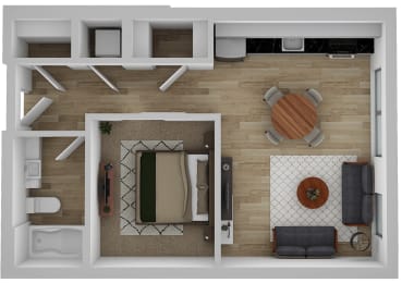 a top view of a room with a bedroom and a living room