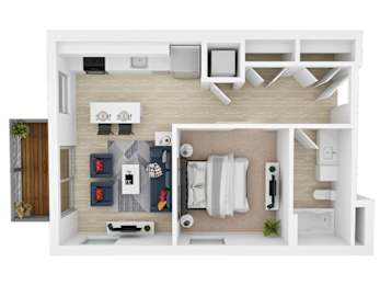 A top-down view of a modern, minimalist apartment with a kitchen, living room, and bedroom.
