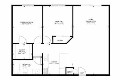 A floor plan of a home with a living/dining room, kitchen, two bedrooms, and a bathroom.