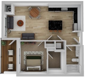 an overhead view of a room with a bedroom and a living room
