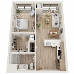 A top down view of a small apartment with a bedroom, living room, and kitchen.
