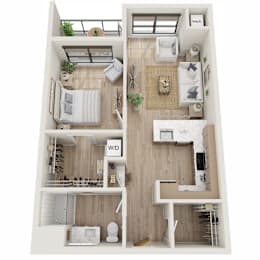 A floor plan of a small apartment with a bedroom, living room, and kitchen.